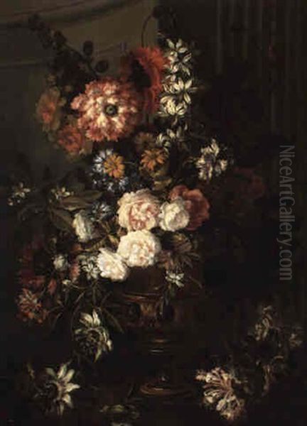 Still Life Of A Bouquet Of Flowers In An Urn On A Stone Table - view 1