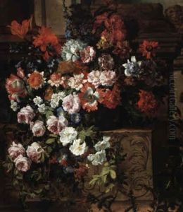 Still Life Of Flowers In A Bowl On A Carved Stone Ledge Still Life Of Flowers In A Bowl On A Carved Stone Ledge