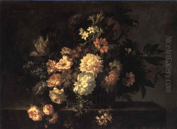 Still Life Of Flowers In Basket On Ledge - view 1