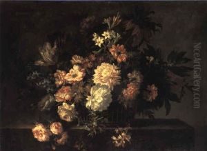 Still Life Of Flowers In Basket On Ledge by Jean-Baptiste Monnoyer