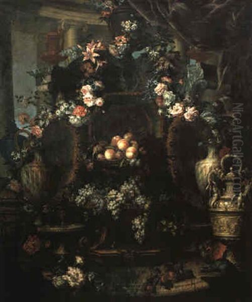 Ornate Still Life With Urns And Garlands Of Flowers On Table - view 1