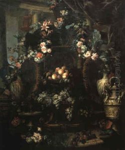 Ornate Still Life With Urns And Garlands Of Flowers On Table