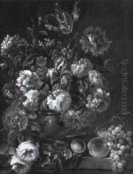 Mixed Flowers In A Vase With Fruit On A Ledge - view 1