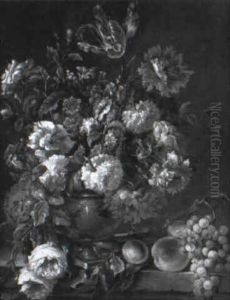 Mixed Flowers In A Vase With Fruit On A Ledge