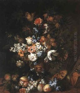 Flowers In An Urn With Melons, Grapes, Peaches, Plums And A Pomegranate by Jean-Baptiste Monnoyer