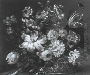 Tulips, Carnations, Daffodils And Other Flowers In A Basket On A Ledge With A Knife And A Red Admiral Butterfly