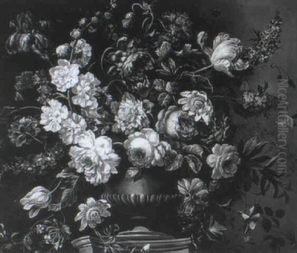 Roses, Carnations, Iris, Morning Glory And Other Flowers In An Urn On A Plynth - view 1