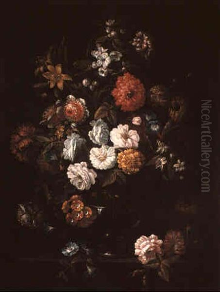 Stilllife Of Flowers In A Glass Vase On A Stone Plinth - view 1