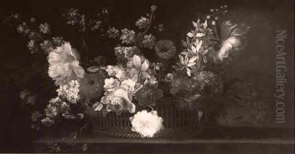 Still Life Of Flowers In A Wicker Basket Upon A Ledge - view 1