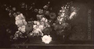 Still Life Of Flowers In A Wicker Basket Upon A Ledge Still Life Of Flowers In A Wicker Basket Upon A Ledge