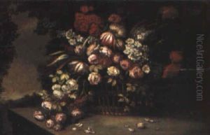 Still Life Of Flowers In A Basket On A Stone Plinth
