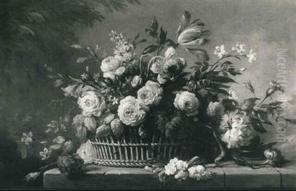 Roses, Peonies, Tulips And Other Flowers In A Basket On A Ledge - view 1