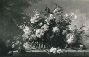 Roses, Peonies, Tulips And Other Flowers In A Basket On A Ledge by Jean-Baptiste Monnoyer