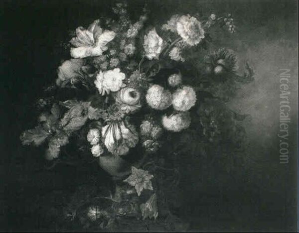 Peonies, Roses, Tulips, Morning Glory And Other Flowers In A Vase On A Ledge - view 1