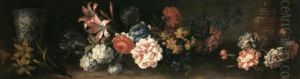 A Still Life With A Cluster Of Flowers Including Lilies,    Morning Glory, Carnations, Peonies And Lilac Strewn On The by Jean-Baptiste Monnoyer