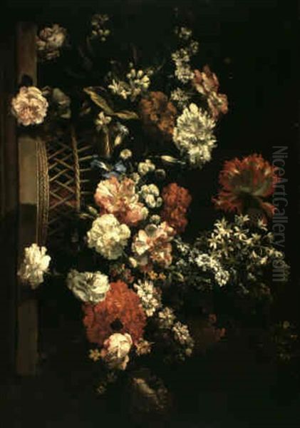 A Still Life Of A Basket Of Assorted Flowers Including Roses, Peonies, Gardenias And Hyacinths Upon A Stone Ledge, - view 1