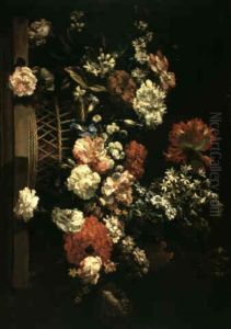 A Still Life Of A Basket Of Assorted Flowers Including Roses, Peonies, Gardenias And Hyacinths Upon A Stone Ledge, by Jean-Baptiste Monnoyer