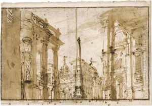 Architekturcapriccio, Mit Drei Saulen Links