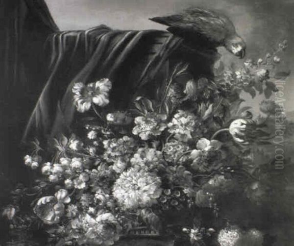 Tulips, Peonies, Convolvulus, Roses And Other Flowers In A Basket On A Ledge With A Parrot, A View To A Landscape - view 1