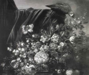Tulips, Peonies, Convolvulus, Roses And Other Flowers In A Basket On A Ledge With A Parrot, A View To A Landscape Tulips, Peonies, Convolvulus, Roses And Other Flowers In A Basket On A Ledge With A Parrot, A View To A Landscape