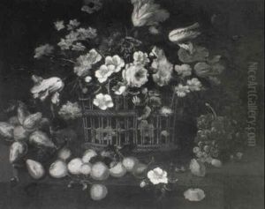 Tulips, Peonies, Narcissi And Other Flowers In A Basket With Apples On A Stone Ledge by Jean-Baptiste Monnoyer