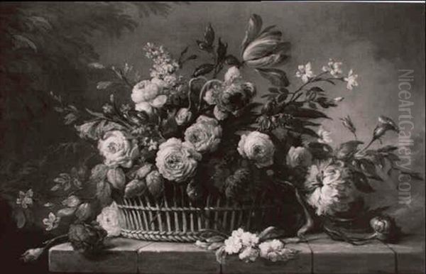 Roses, Tulips And Other Flowers In A Basket On A Ledge - view 1