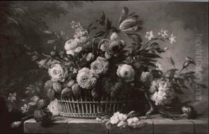 Roses, Tulips And Other Flowers In A Basket On A Ledge