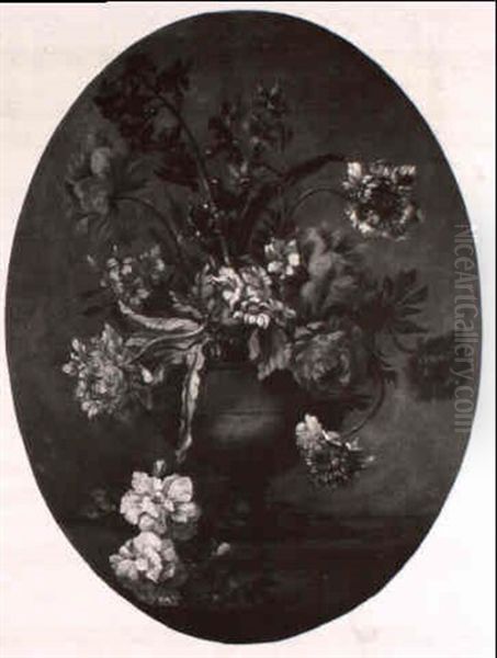 Carnations, Morning Glory And Hyacinth In An Urn On A Ledge - view 1