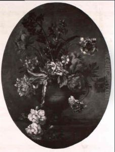 Carnations, Morning Glory And Hyacinth In An Urn On A Ledge