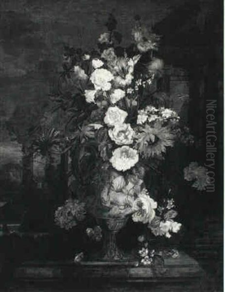 Elaborate Still Life Of Flowers In An Urn, A Park Beyond - view 1