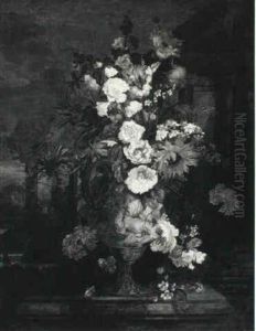 Elaborate Still Life Of Flowers In An Urn, A Park Beyond