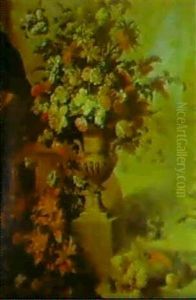 Bouquet De Fleurs Dans Un Vase En Bronze Dore, Sur Fond     D'architecture, Des Fruits Et Une Cassolette...