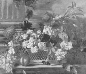 Still Life Of Flowers In A Basket, Grapes, And A Peach, All Resting On A Stone Ledge Still Life Of Flowers In A Basket, Grapes, And A Peach, All Resting On A Stone Ledge