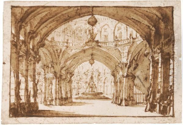 Architekturcapriccio. Reich Dekorierte Vorhalle, Mit Einem Brunnen Im Hof - view 1