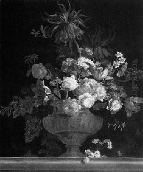 Still Life Of Flowers In A Gilt Urn On A Stone Ledge - view 1