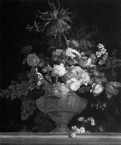 Still Life Of Flowers In A Gilt Urn On A Stone Ledge