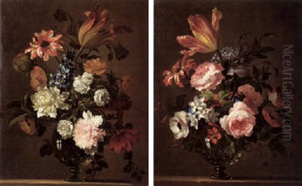 A Still Life Of Assorted Flowers Including A Tulip, Poppies And A Stock In A Glass Vase Upon A Stone Plinth - view 1