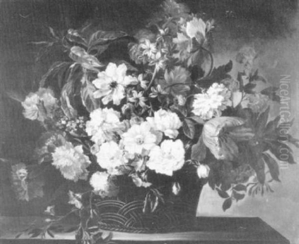 Mixed Flowers In A Basket On A Ledge - view 1