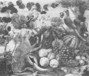 A Monkey By Grapes, Melon, A Pomegranate                    And Other Fruit With A Finch And A Parrot