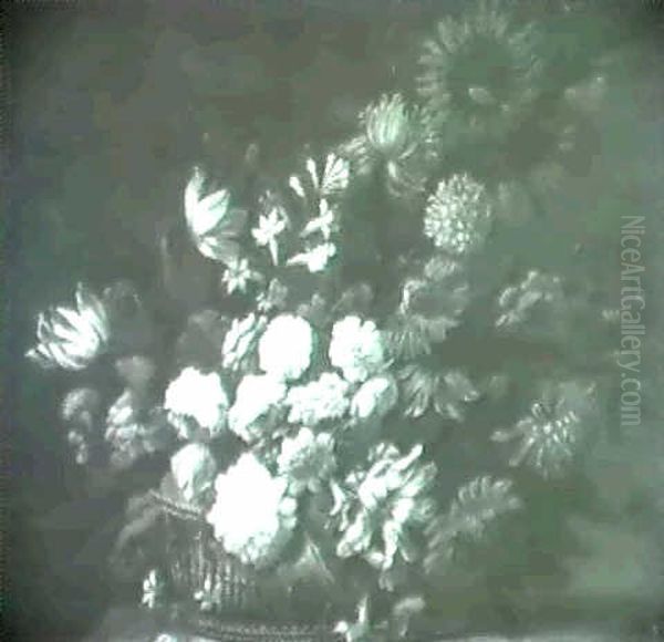 Still Life Of Flowers In A Basket Upon A Stone Ledge - view 1