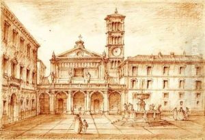 Piazza With Fountain And View Of The Basilica Of Our Lady's In Trastevere by Francesco Galli Bibiena