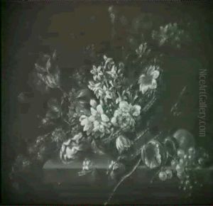 Flowers In A Basket With Fruit On A Stone Ledge by Jean-Baptiste Monnoyer