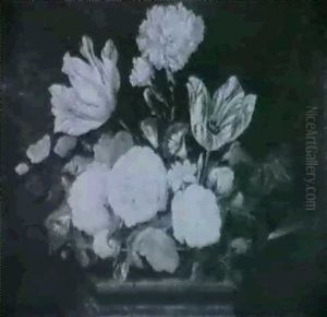 Roses, Carnations And Tulips And Other Flowers On A Dish On A Ledge by Jean-Baptiste Monnoyer