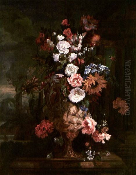 Eleborate Still Life Of Flowers In An Urn A Park Beyond - view 1