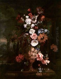 Eleborate Still Life Of Flowers In An Urn A Park Beyond by Jean-Baptiste Monnoyer