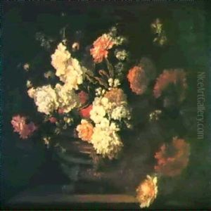 Peonies, Carnations, Poppies, Auriculae And Other Flowers   In A Bronze Urn On A Stone Ledge