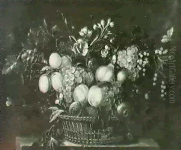 Grapes, Peaches Plums And Berries In A Basket On A Ledge - view 1