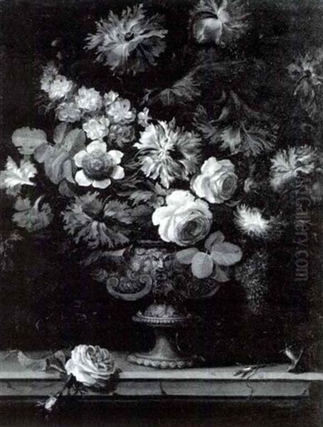Still Life Of Carnations, Roses And Other Flowers In An Elaborate Metal Vase On A Ledge - view 1