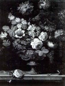 Still Life Of Carnations, Roses And Other Flowers In An Elaborate Metal Vase On A Ledge by Jean-Baptiste Monnoyer