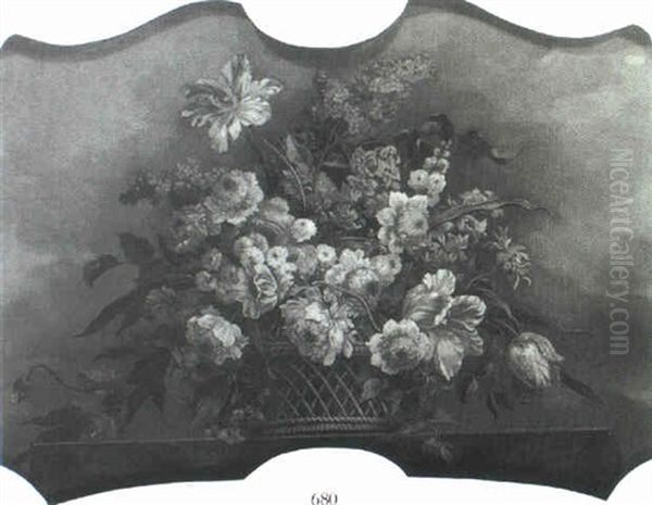 Tulips, Carnations, Lilacs, Morning Glory And Other Flowers In A Basket On A Ledge - view 1